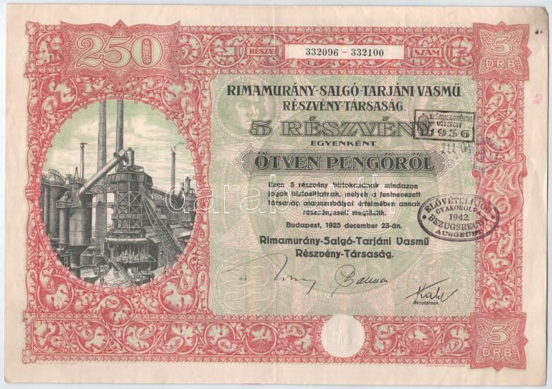 Budapest 1925. 'Rimamurány-Salgó-Tarjáni Vasmű Részvény-Társaság' 5db részvénye egyenként 50P-ről, szárazpecséttel és bélyegzésekkel, szelvényekkel T:III