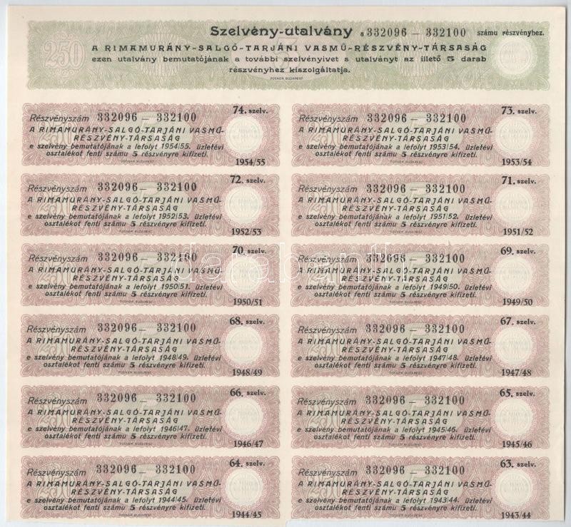 Budapest 1925. 'Rimamurány-Salgó-Tarjáni Vasmű Részvény-Társaság' 5db részvénye egyenként 50P-ről, szárazpecséttel és bélyegzésekkel, szelvényekkel T:III - Image 2