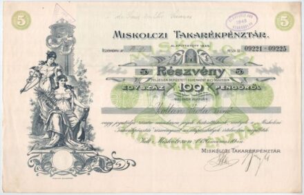 Miskolc 1926. 'Miskolczi Takarékpénztár' névre szóló öt darab részvénye egyben összesen 100P-ről, szelvényekkel, bélyegzéssel és szárazpecséttel T:II