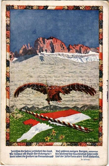 Die Zerreißung Tirols. Tiroler Werbekarte. Verlag Amon Göth / WWI Austro-Hungarian K.u.K. military art postcard, Austrian irredenta propaganda, 'The tearing up of Tyrol' s: Bolhár (EK)