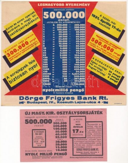 1931. 'Új Magyar Királyi Osztálysorsjáték' pörgetős reklámja, szórólapja és megrendelőlapja a Dörge Frigyes Bank R.-t.-től T:II