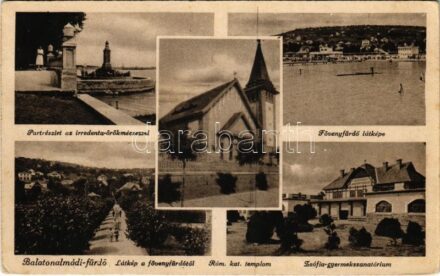 1943 Balatonalmádi, Part részlet az irredenta örökmécsessel, Fövenyfürdő látképe, Római katolikus templom, Zsófia gyermekszanatórium (EK)