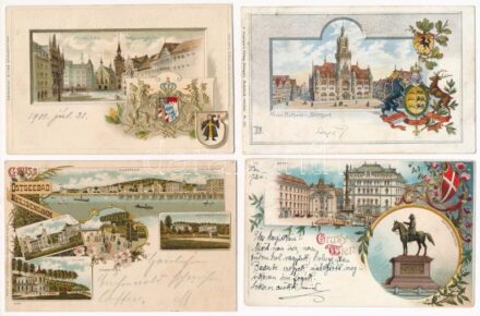 6 db RÉGI hosszú címzéses német és osztrák szecessziós dombornyomott litho város képeslap vegyes minőségben / 6 pre-1905 German and Austrian Art Nouveau, floral, embossed and litho town-view postcards in mixed quality: München,
