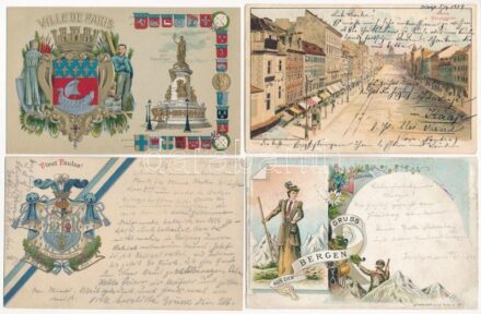 6 db RÉGI hosszú címzéses külföldi szecessziós dombornyomott litho város képeslap vegyes minőségben / 6 pre-1905 European Art Nouveau, floral, embossed and litho town-view postcards in mixed quality: Brünn (Brno), Mariastein, Paris,