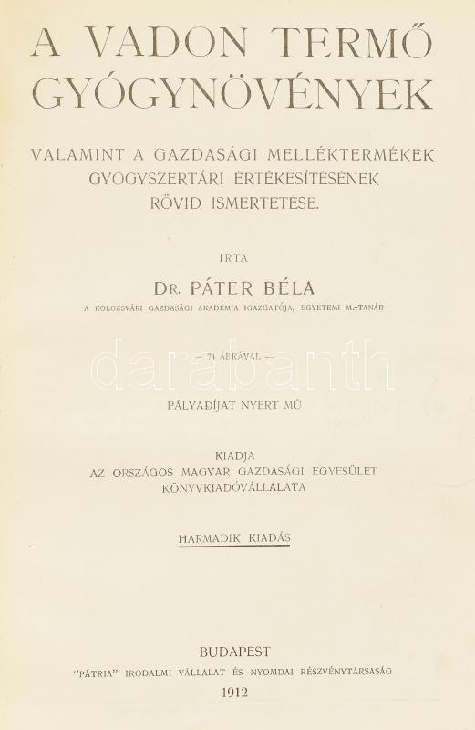 Dr. Páter Béla: A vadon termő gyógynövények. 74 ábrával Bp., 1912. Pátria. Kiadói, restaurált egészvászon kötésben. 147 p . + (5) p. reklámok. Ritka! - Image 2