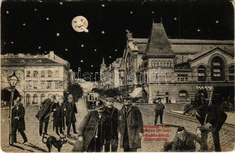 1910 Budapest IX. Vámház körút, Vásárcsarnok, Nádor szálloda és kávéház, villamos. Humoros éjjeli montázs részeg férfiakkal (fl)
