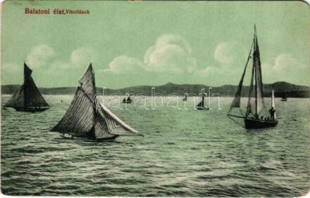 1918 Balaton, vitorlások + 'BALATONALMÁDI-ÖREGHEGY M.Á.V.' pecsét (EB)