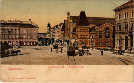 1907 Budapest IX. Vámház körút, villamosok, vásárcsarnok, Nádor szálloda, gyógyszertár. Ganz Antal 13. (EK)