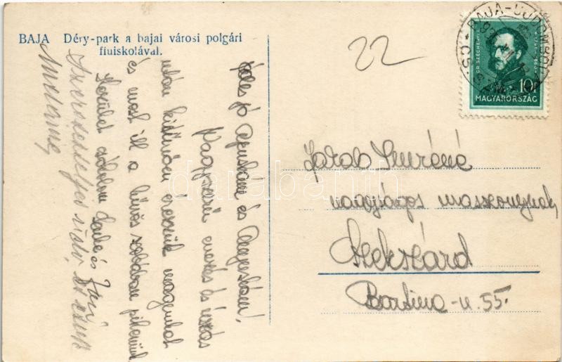 1936 Baja, Déry park, Városi polgári fiúiskola + 'BAJA-ÚJDOMBÓVÁR CS.SZM.' - Image 2