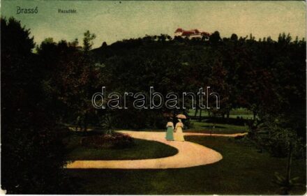 Brassó, Kronstadt, Brasov; Rezsőtér. Zeidner H. / park + 'BRASSÓ-BUDAPEST 40. SZ.' vasúti mozgóposta