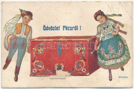 Pécs, népviseletes leporello s: Bernáth (EK)