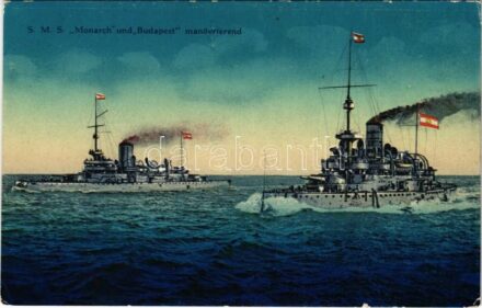 SMS Budapest és SMS Monarch az Osztrák-Magyar Haditengerészet Monarch-osztályú partvédő csatahajók / K.u.K. Kriegsmarine SM Schiffe 'Monarch' und 'Budapest' manövrierend / WWI Austro-Hungarian Navy, Monarch-class coastal defense ships. G.