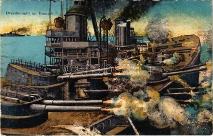 Dreadnought im Kampfe. K.u.K. Kriegsmarine / WWI Austro-Hungarian Navy art postcard. G. Costalunga, Pola 1915. (Rb)