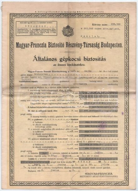 1933. 'Magyar-Franczia Biztosító Részvény-Társaság Budapesten' általános gépkocsi biztosítási kötvény autótaxira T:III