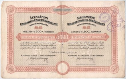 Budapest 1920. 'Általános Faipari és Fakereskedelmi Részvénytársaság' 25db részvénye egyben, összesen 200K-ról, felülbélyegzésekkel, szárazpecséttel T:III
