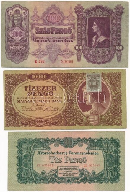 1930. 100P + 1936. 10P + 1944. 10P (2x) + 1946. 10.000P fejjel lefelé ragasztott bélyeggel + 1946. 100.000.000P T:III