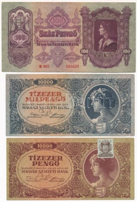 1930. 100P + 1944. 5P + 1944. 10P (2x) + 1946. 10.000P + 1946. 100.000.000P + 1946. 10.000MP T:III közte eltolódott nyomatok