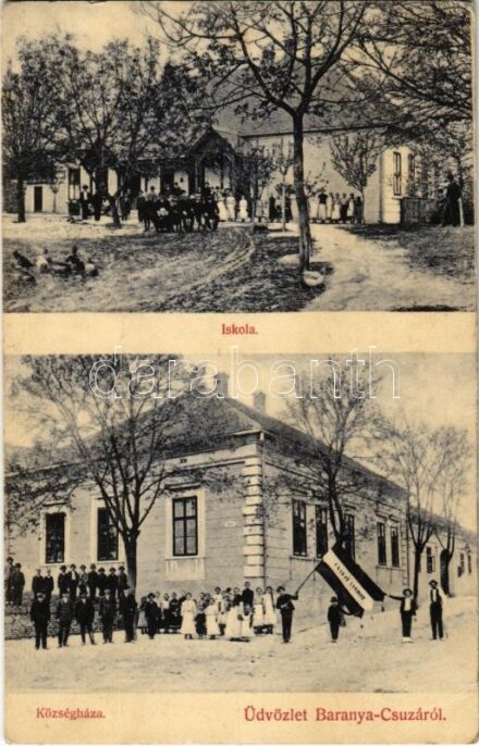 1915 Csúza, Suza (Baranya); iskola, községháza, magyar zászló 'Csányi Sándor' képviselő nevével. Beregszászy Pál kiadása / school, town hall, Hungarian flag (Rb)