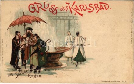 1898 (Vorläufer) Gruss aus Karlsbad. Im Sprudel-Regen / Greetings from Karlovy Vary! Judaica art postcard with Jewish men in the spa. Verlag von Hermann Jacob. Lith. G. Schwaab. Art Nouveau, litho (r)