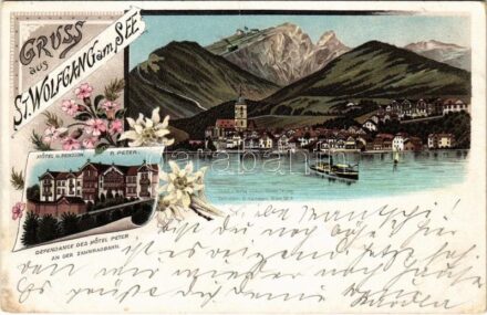 1898 (Vorläufer) Sankt Wolfgang am See, Hotel und Pension P. Peter an der Zahnradbahn. Art Nouveau, floral, litho (fa)