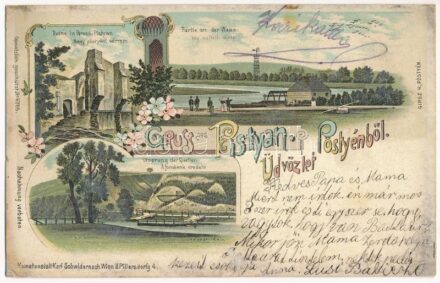 1904 Pöstyén, Pistyan, Piestany; Ruine in Gross-Pistyan, Partie an der Waag, Ursprung der Quellen / Nagypöstyéni várrom, Vág melletti tájkép, hajómalom, a források eredete. Gipsz H. kiadása / castle ruins, Váh riverside with floating