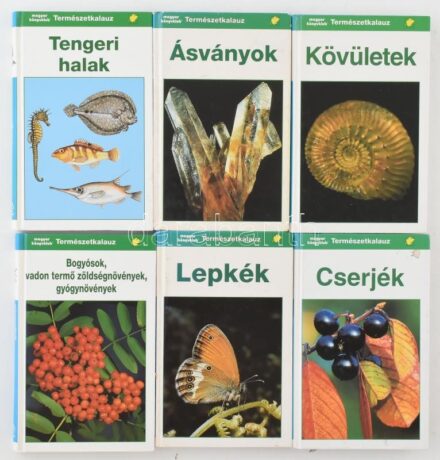 Természetkalauz 6 kötet: Bogyósok, vadon termő zöldségnövények, gyógynövények, Lepkék, Cserjék, Tengeri halak, Ásványok, Kövületek. Bp., 1995-1997, Magyar Könyvklub. Kiadói kartonált papírkötés, egy kötet kissé kopott, egy