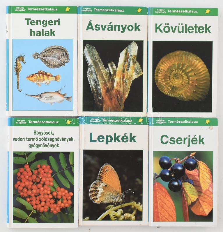 Természetkalauz 6 kötet: Bogyósok, vadon termő zöldségnövények, gyógynövények, Lepkék, Cserjék, Tengeri halak, Ásványok, Kövületek. Bp., 1995-1997, Magyar Könyvklub. Kiadói kartonált papírkötés, egy kötet kissé kopott, egy