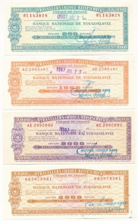 Jugoszlávia 1987. 200D + 1000D + 2000D + 5000D utazási csekk, mindegyik előlapján Magyar Nemzeti Bank bélyegzője, hátlapján 'IBUSZ Valutapénztár' pecsétje T:I-II Yugoslavia 1987. 200 Dinara + 1000 Dinara + 2000 Dinara + 5000 Dinara