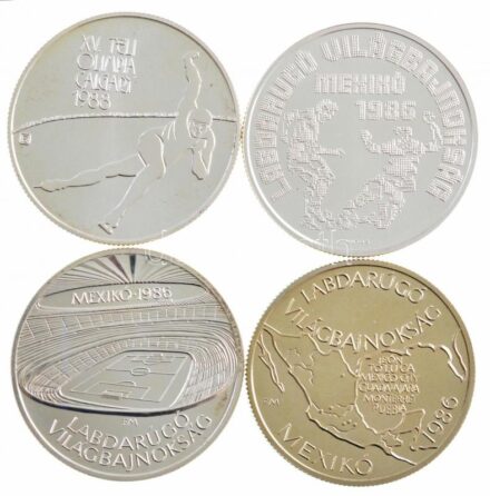 1986. 500Ft Ag 'Labdarúgó Világbajnokság - Mexikó 1986' + 500Ft Ag 'Labdarúgó Világbajnokság - Mexikó 1986 - Stadion' + 500Ft Ag 'XV. Téli Olimpia Calgary 1988' kapszulában + 1985. 100Ft Cu-Ni-Zn 'Labdarúgó Világbajnokság -