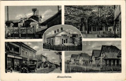 Aknaszlatina, Akna Slatina, Slatinské Doly, Szolotvino, Solotvyno; sóbánya, munkás kolónia, utca, Samu Knoll és Stern üzlete / mine, shops, colony, automobile