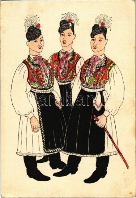 Szanyi legények. Magyar folklór művészlap - Kézzel színezett / Hungarian folklore art postcard, traditional dance. Copyright by Tamás Gallery - Hand-coloured s: Pekáry István (EK)