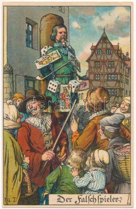 Der Falschspielen / Hamiskártyás büntetése / Punishment of a cardsharp. E. Nister litho (EK)