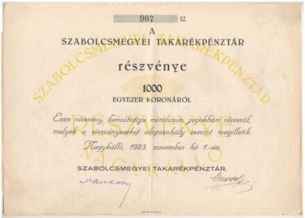 Nagykálló 1923. 'Szabolcsmegyei Takarékpénztár' részvénye 1000K értékben, szelvényekkel, szárazpecséttel T:III