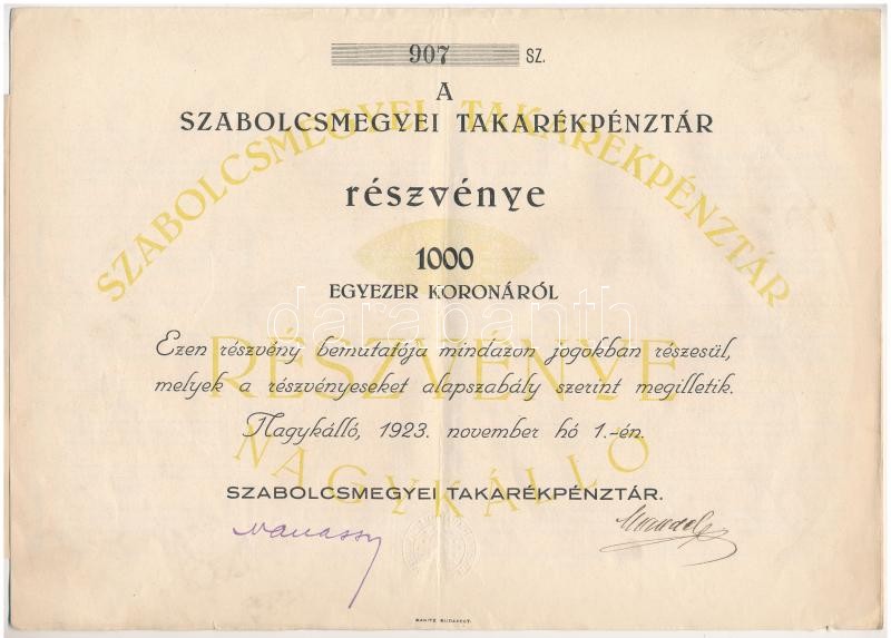 Nagykálló 1923. 'Szabolcsmegyei Takarékpénztár' részvénye 1000K értékben, szelvényekkel, szárazpecséttel T:III