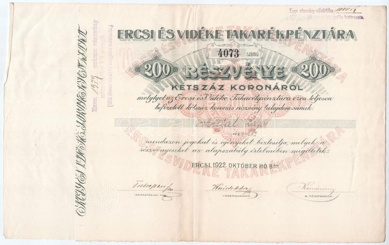 Ercsi 1922. 'Ercsi és Vidéke Takarékpénztára' névre szóló részvénye 200K-ról, szárazpecséttel, bélyegzéssel, szelvényekkel T:III