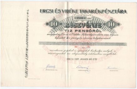 Ercsi 1927. 'Ercsi és Vidéke Takarékpénztára' névre szóló részvénye 10P-ről, szárazpecséttel, szelvényekkel T:III