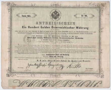Ausztria / Bécs 1858. 'K.K. Österrechische Credit-Anstalt für Handel und Gewerbe' részvénye 100G értékben T:III Austria / Wien 1858. 'K.K. Österrechische Credit-Anstalt für Handel und Gewerbe' share with the value of 100 Gulden value C:F