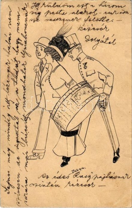 1910 Kézzel rajzolt művészlap / Hand-drawn art postcard s: Dolga + 'GURAHONCZ - ARAD 69. SZ.' vasúti mozgóposta bélyegző