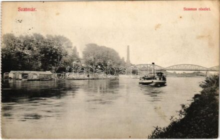 1913 Szatmárnémeti, Szatmár, Satu Mare; Szamos részlet, gőzhajó, híd / Somes riverside, steamship, bridge (EK)