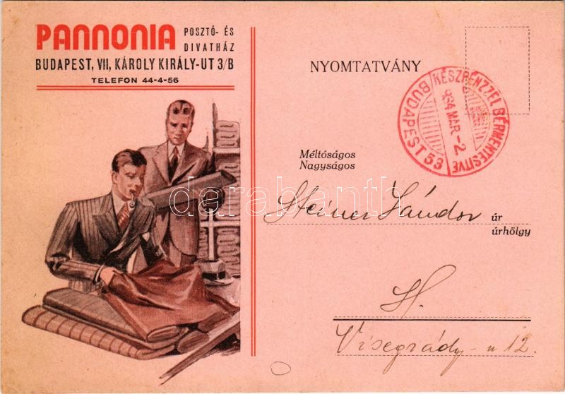 1934 Pannonia posztó- és divatház reklámja. Budapest, Károly király út 3/b. (EK)
