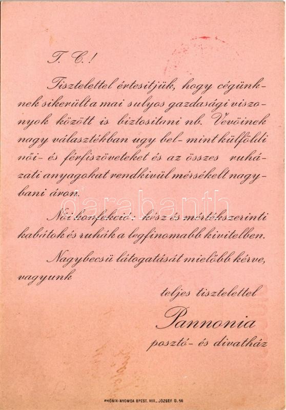 1934 Pannonia posztó- és divatház reklámja. Budapest, Károly király út 3/b. (EK) - Image 2