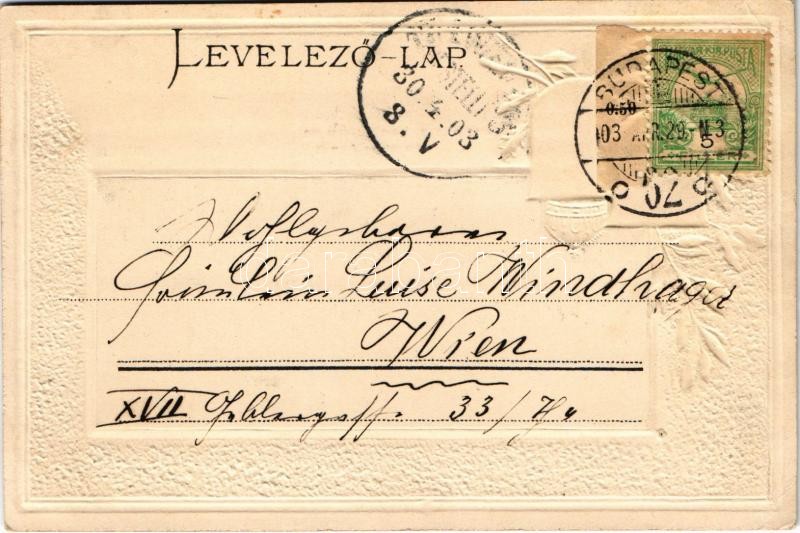 1903 Budapest, Lánchíd. Magyar címeres dombornyomott litho keret / Emb. litho frame with Hungarian coat of arms (apró lyuk / tiny pinhole) - Image 2