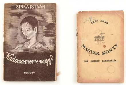 Szép Ernő: Magyar könyv. Egy csapat elbeszélés. Első kiadás. Bécs, 1921. (Szerző) 124 p. Első kiadás. Kiadói, kissé sérült papírkötésben. + Sinka István: Kadocsa merre vagy. Somody, é.n. Kiadói, felvágatlan papíkötésben.