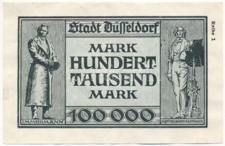 Németország / Weimari Köztársaság / Düsseldorf 1923. 100.000M szükségpénz vízjeles papíron T:III szép papír Germany / Weimar Republic / Düsseldorf 1923. 100.000 Mark necessity note on watermarked paper C:F nice paper