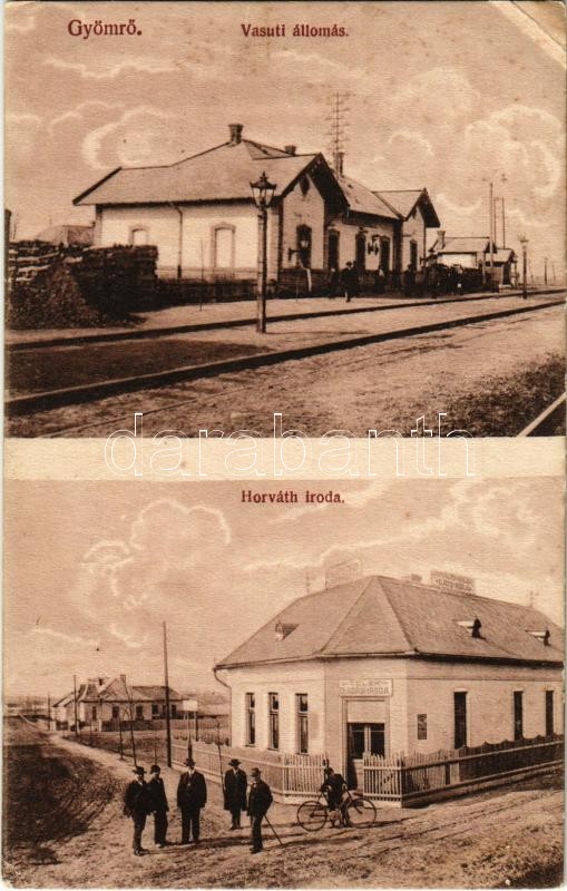 1921 Gyömrő, Vasútállomás, Horváth iroda, telekeladási iroda, kerékpár. Mierzwinsky Józsefné kiadása (r)
