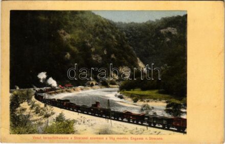 1912 Sztrecsnó, Sztrecsény, Strecno (Ruttka, Vrútky); Vasút keresztülhaladva a szoroson a Vág mentén, vonat. Feitzinger Ede no. 853. / railway line next to river Váh, train (EK)