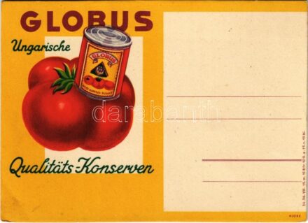Globus konzervek német nyelvű reklámlapja. Klösz / Ungarische Qualitäts-Konserven / Hungarian canned foods advertisement in German, tomato can (EK)
