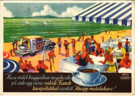 Franck kávépótlóval ízesített Kneipp malátakávé reklám; Franck Henrik Fiai Rt. hangszórós reklámautója, Klösz Coloroffset / Hungarian malt coffee advertisement s: Gebhardt (EK)