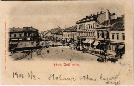 1900 Kolozsvár, Cluj; Főtér, Unió utca, Segesváry és Társa, Kiss Ernő üzlete, Európa kávéház. Gibbon Albert kiadása / square, street, shops, cafe (EK)