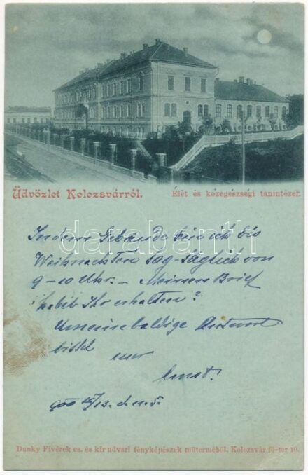 1900 Kolozsvár, Cluj; Élet és közegészségi tanintézet, este. Dunky fivérek / School of Life and Public Health, night (fl)